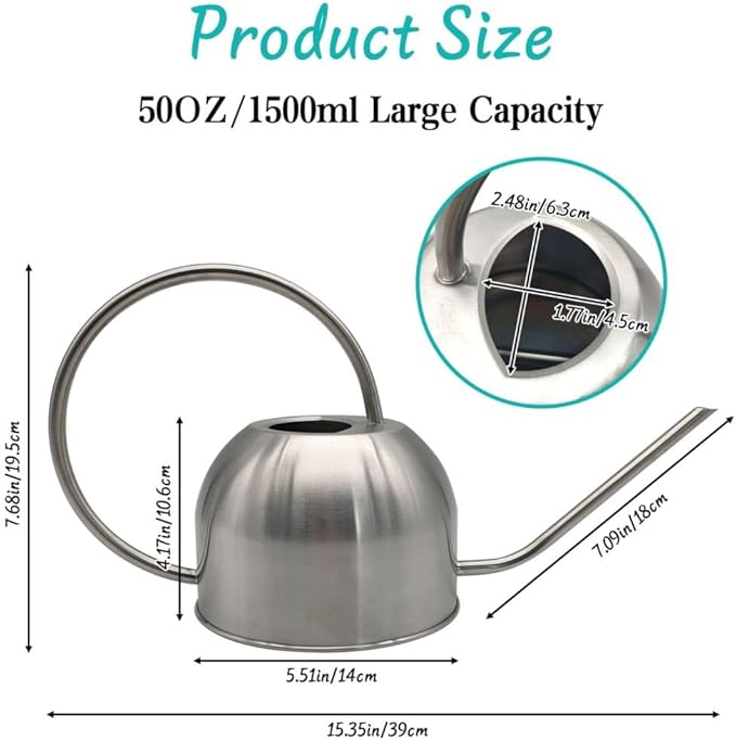 Hamiledyi 50 oz/1500 ml Stainless Steel Watering Can with Long Spout Metal Watering Can Indoor Outdoor Flower Watering Pot for Garden Orchid Bonsai Office Desk Plants (Silver)