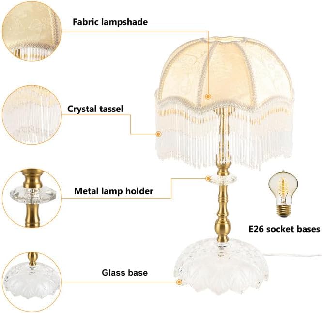 Eapmic Table Lamp,Bedside End Table Lamp Traditional Nightstand Desk Lamp Beaded Tassel Lamp with Shade for Living Bedroom Office(Retro,Style 2)