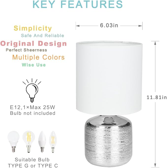 Lampwell Beno Small Table Lamp for Living Room as Bedside Table Lamp for Bedroom,Modern Ceramic Table Lamp,Kids Table Lamp,Night Table Lamp,Φ6.3×H11.81IN,Bulb Excluded,Off White Chrome Table Lamp