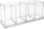 Isaac Jacobs 2-Pack 4-Compartment Clear Acrylic Organizers with Lid (9” L x 3” W x 4” H), Makeup Brush Holder, Sectional Tray, Storage Solution for Makeup, Crafts, Office Supplies & More (2, Clear)