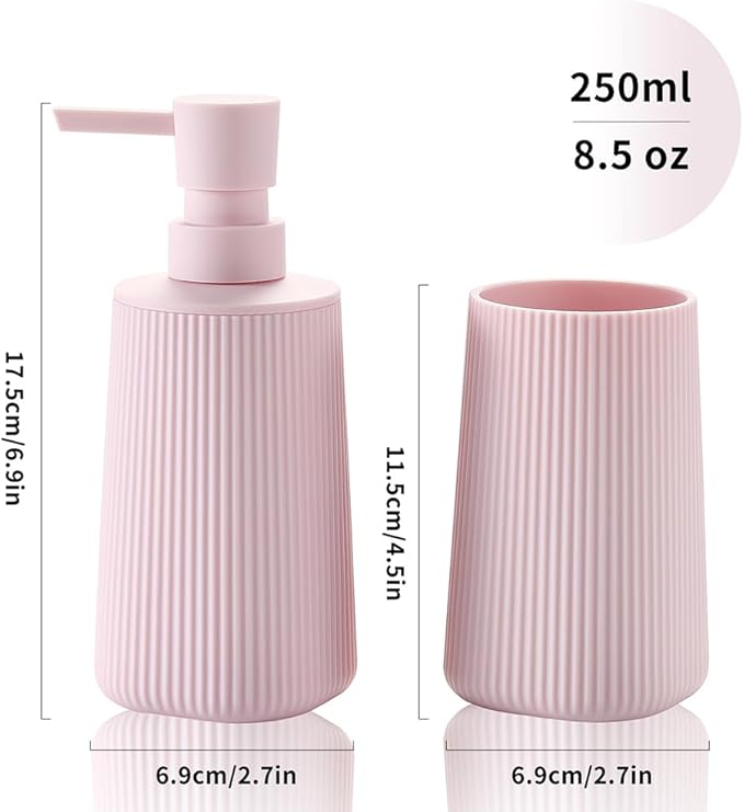 Bathroom Accessories 2 Piece Soap Dispenser and Toothbrush Holder Set Striped Light Pink