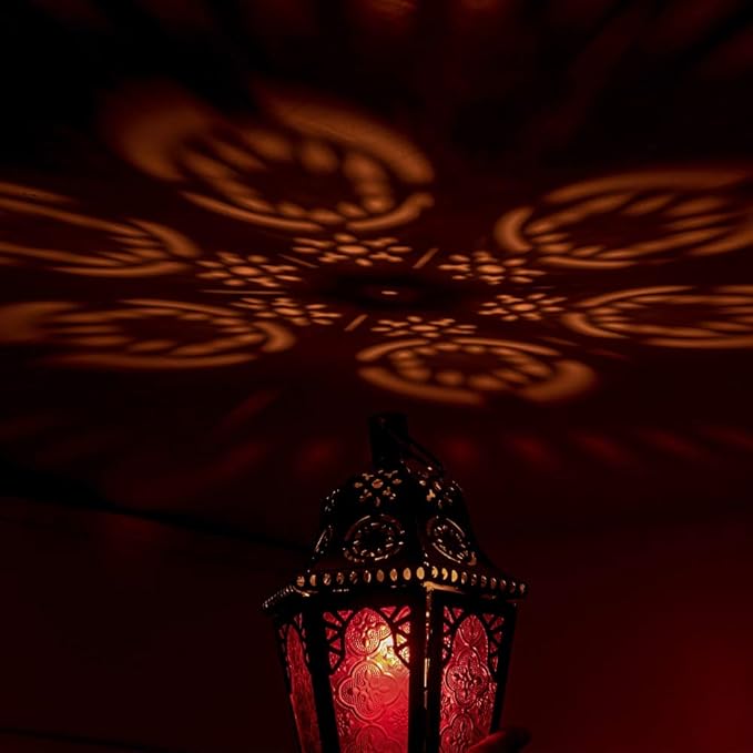DECORKEY Lantern Decorative Indoor & Outdoor, 13.6’’ Moroccan Style Vintage Decorative Hanging Lantern with Chian for Home Porch Patio Decor, Metal Christmas Halloween Ramadan Candle Holders(Purple)