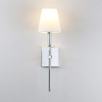 PERMO Set of 2 Classic Rustic Industrial Wall Sconce Lighting Fixture with Flared White Textile Lamp Shade and Chrome Tapered Column Stand, Hardwired, E26 Base