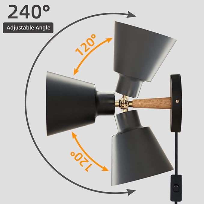 ClanKin Plug in Wall Sconces Lighting Fixture, Black Nordic Wooden Bedside Wall lamp for Industrial Bedroom, Bathroom Sink Lighting for Bathroom Hallway Living Room(1Pack-Black with Plug in Swtich)