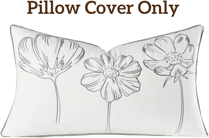 Sunkifover Decorative Lumbar Pillow Cover 14x24 Inch Grey and White Cotton Embroidery Cute Flower Throw Pillowcase Cushion Cover for Bed Bedroom, Living Room, Sofa