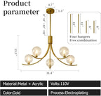 Gold Modern Chandelier with 5 Glass Globe Bulbs -Adjustable Height & Colour Temperature, Gilded lamp Post, Elegant Lighting for Living Room, Bedroom or Study