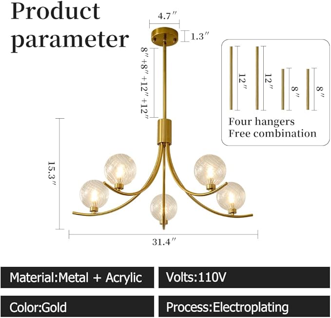Gold Modern Chandelier with 5 Glass Globe Bulbs -Adjustable Height & Colour Temperature, Gilded lamp Post, Elegant Lighting for Living Room, Bedroom or Study