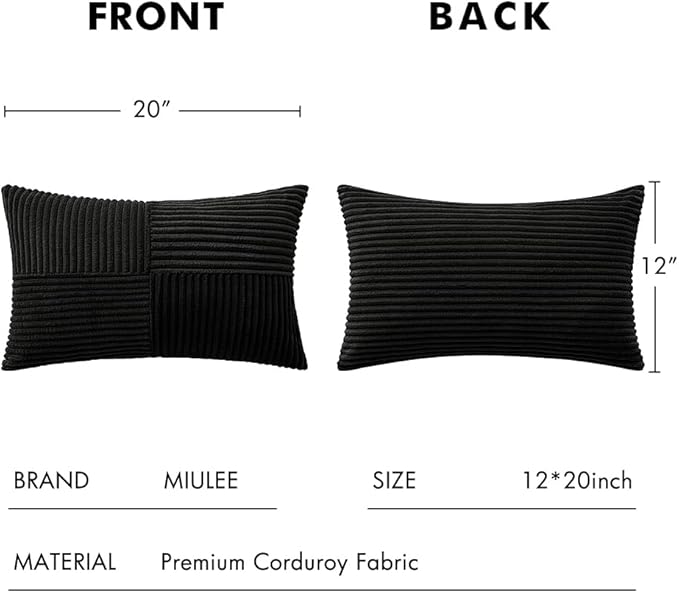 MIULEE 12x20 Inch Boho Lumbar Accent Pillows Set of 2 - Black Corduroy Textured Throw Pillow Covers with Cross Patchwork Design, Soft Spliced Decorative for Sofa, Bed & Reading Nook