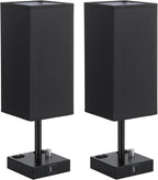 Black Fully Dimmable Nightstand Lamps Set of 2 - Table Bedside Lamp with USB C+A Charging Ports & 2 AC Outlets, Square Lamp Sets Linen Fabric Shade for Bedroom Living Room(Bulb Included)