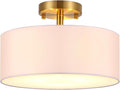 15 Inch Drum Light, Semi-Flush Mount Ceiling Light Fixture White Fabric Drum Shade and Gold Plating Finish,Ceiling lamp for Bedroom, Dining Room, Corridor, Living Room