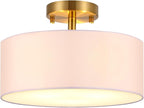 15 Inch Drum Light, Semi-Flush Mount Ceiling Light Fixture White Fabric Drum Shade and Gold Plating Finish,Ceiling lamp for Bedroom, Dining Room, Corridor, Living Room