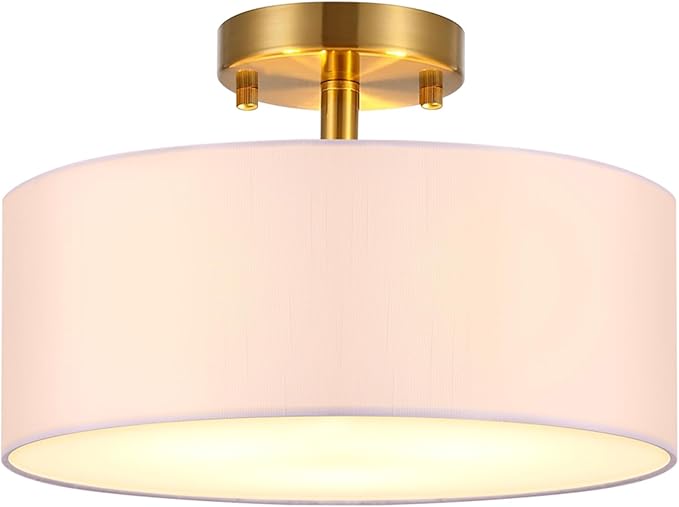 15 Inch Drum Light, Semi-Flush Mount Ceiling Light Fixture White Fabric Drum Shade and Gold Plating Finish,Ceiling lamp for Bedroom, Dining Room, Corridor, Living Room