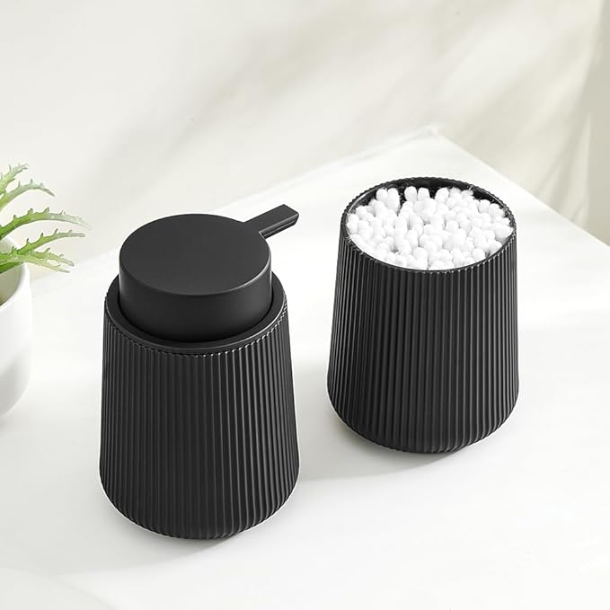 Bathroom Accessories 2 Piece Soap Dispenser and Toothbrush Holder Set Black Striped Round