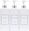 Modern Design Large 27 oz Shampoo and Conditioner Dispensers - Empty Plastic Refillable Pump Bottle Set for Bathroom Shower Soap Dispenser, Gift Box Included, Set of 3, (White & Silver)