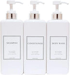 Modern Design Large 27 oz Shampoo and Conditioner Dispensers - Empty Plastic Refillable Pump Bottle Set for Bathroom Shower Soap Dispenser, Gift Box Included, Set of 3, (White & Silver)