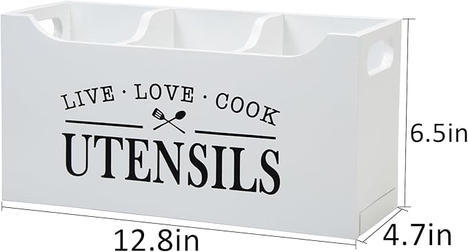 Kitchen Utensil Holder with Drainage Bottom, Large 3 Compartments Solid Real Wood Utensil Organizer for Kitchen Counter, Farmhouse Cooking Tools Storage for Countertop, White