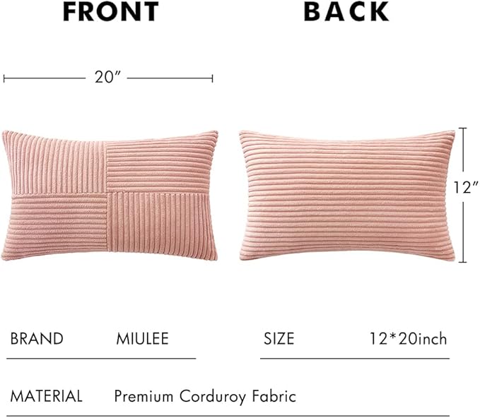 MIULEE Pink Corduroy Pillow Covers Pack of 2 Boho Decorative Spliced Throw Pillow Covers Soft Solid Couch Pillowcases Cross Patchwork Cushion Covers for Living Room Bed Sofa 12x20 inch Valentines Day