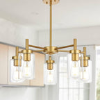 VINLUZ Retro Large Chandelier with Clear Glass Shade Metal Indoor Kitchen Island Pendant Lighting in Gold Finish Modern Light Fixture Hanging for Dining Room
