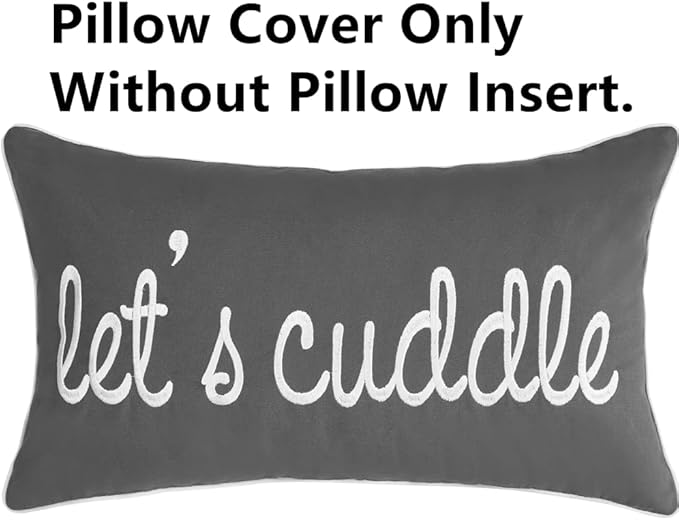 Sunkifover Dark Gray Decorative Lumbar Pillow Covers 12x20 Inches, Soft Solid Rectangular Pillowcase, Embroidered Rectangle Cushion Covers with Let's Cuddle Saying for Bed, Bedroom (Color Grey)