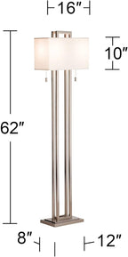 Possini Euro Design Modern Standing Floor Lamp Double Tier 62" Tall Brushed Nickel Silver Openwork Rectangular Off White Fabric Shade Decor for Living Room Reading House Bedroom Home