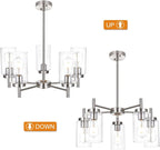 VINLUZ Contemporary 5 Light Large Chandeliers Modern Clear Glass Shades Pendant Lighting Brushed Polished Nickel Dining Room Lighting Fixtures Hanging Adjustable Wire Semi Flush Ceiling Lights