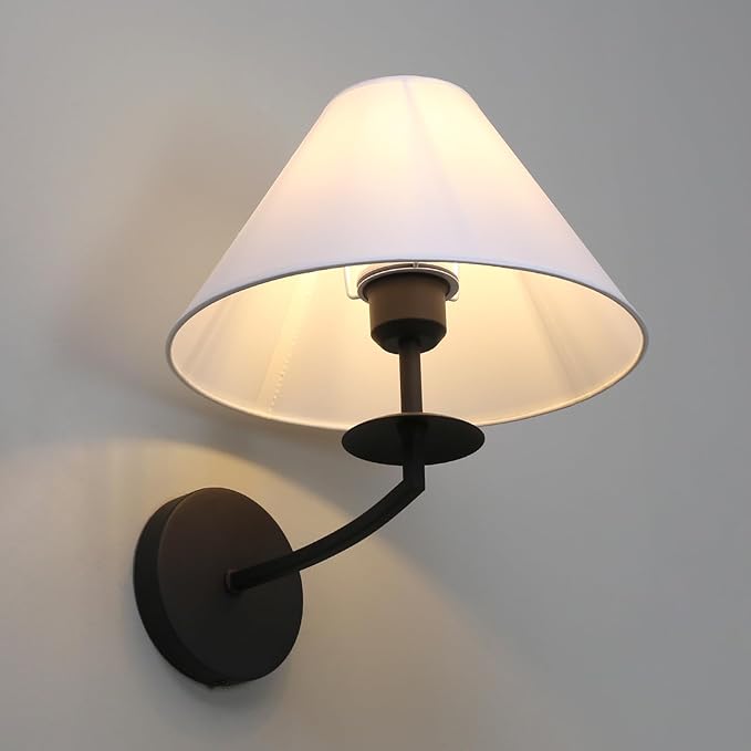 PERMO Vintage Wall Sconce Black Classic Bathroom Sconces wiht 11" Tapered White Textile Shade Wall Sconce Hardwired Indoor Wall Mount Lights for Living Room Bedroom Hallway Entryway