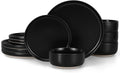 LIANYU Stoneware Dinnerware Sets for 4, 12 Piece Plates and Bowls Set, Ceramic Dishware Dishes for Dining, Scratch Resistant Kitchen Porcelain Plates, Microwave & Dishwasher Safe, Matte Black