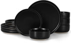 LIANYU Stoneware Dinnerware Sets for 4, 12 Piece Plates and Bowls Set, Ceramic Dishware Dishes for Dining, Scratch Resistant Kitchen Porcelain Plates, Microwave & Dishwasher Safe, Matte Black