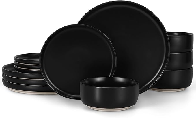 LIANYU Stoneware Dinnerware Sets for 4, 12 Piece Plates and Bowls Set, Ceramic Dishware Dishes for Dining, Scratch Resistant Kitchen Porcelain Plates, Microwave & Dishwasher Safe, Matte Black