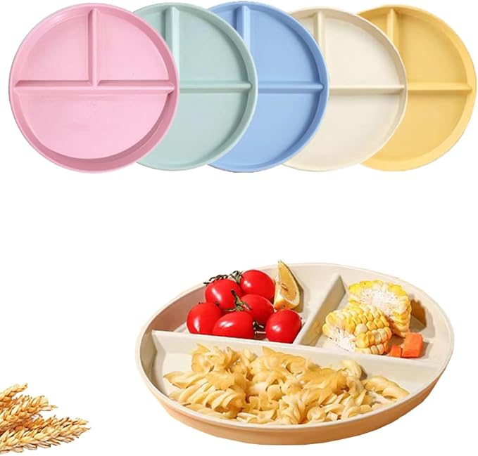 (5 Pack) Portion Control Plate for Balanced Eating, 9" Unbreakable Divided Plates,3 Compartment Plates, Reusable Plastic Plates, BPA Free for Adults