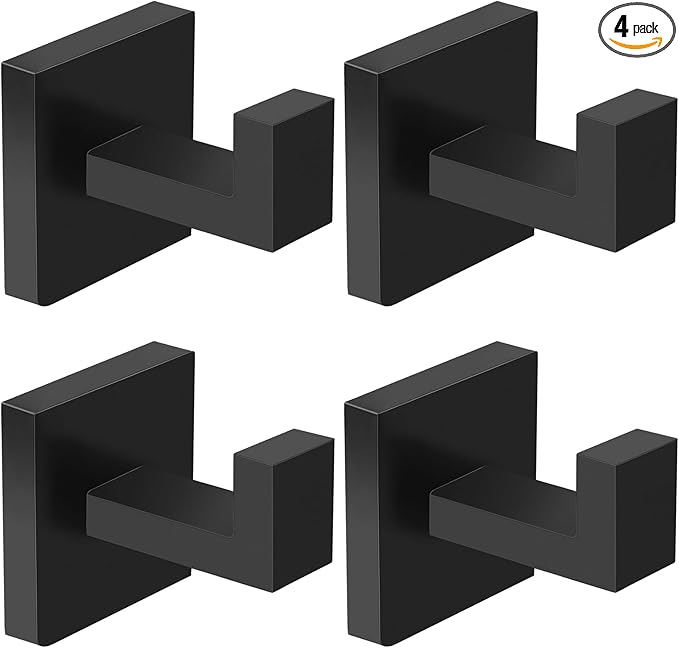 IBosins 4 Pack Towel Hooks Hand Towel Holder for Bathroom Wall Livingroom Bedroom Kitchen Closet Heavy Duty Stainless Steel Hook Hanger for Robe, Bath Towel, Coat (Square Matte Black)