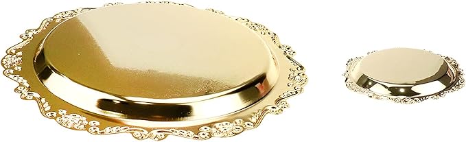 Quluxe Vintage Round Metal Food Serving Tray, 2 Pcs Reusable Decorative Appetizer Platter for Kitchen, Party, Centerpiece Display- Gold (4 Inch+10 Inch)