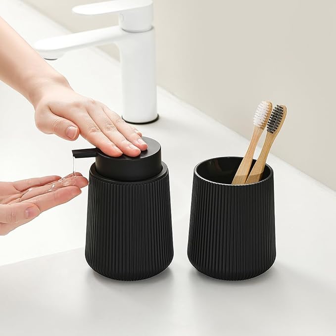 Bathroom Accessories 2 Piece Soap Dispenser and Toothbrush Holder Set Black Striped Round