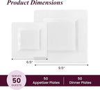 Aya's Cutlery Kingdom 100 Square Plastic Plates - Heavy Duty Disposable Plates - Includes 50 Dinner Plates (10-Inch) and 50 Salad Appetizer Plates (7-Inch) - Elegant White Party Plate for Holidays