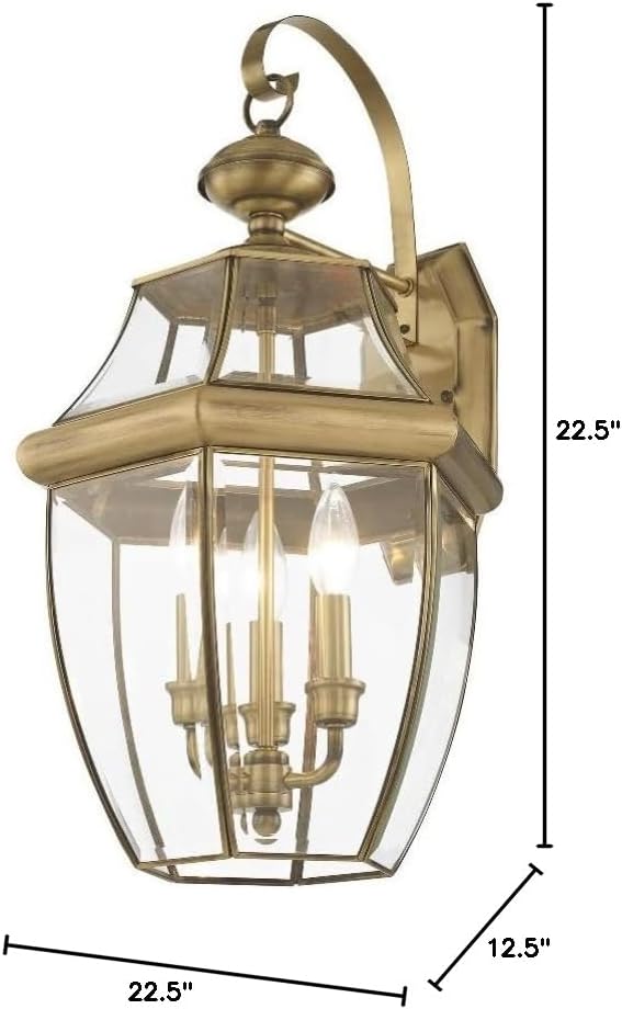 Livex Lighting 2351-07 Monterey 3 Light Outdoor Bronze Finish Solid Brass Wall Lantern with Clear Beveled Glass