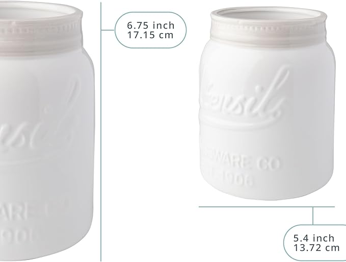 Comfify Wide Mouth Mason Jar Utensil Holder Decorative Kitchenware Organizer Crock - Perfect Cookware Gift - White, Large Size 5.4x6.75