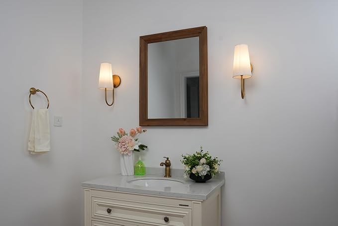 Yosoan Brass White Fabric Shade Wall Sconce Set of 2, Vintage Industrial Hardwired Gold Boho Wall Mounted with Long Cone Cloth Shade for Bedroom Living Room Aged Vanity Loft(Antique)