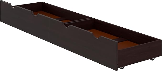 Espresso Underbed Storage Drawers, Set of 2, Solid Wood Construction, Easy Wheel Movement, Fits Bed Frames 9.75 in. or Higher, Ideal for Children's Bedroom, 35 in. W x 19.25 in. D x 8 in. H