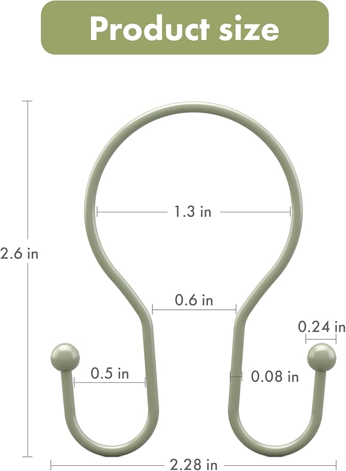 AmazerBath Shower Curtain Hooks Sage Green Shower Curtain Rings, Simple Double Hook Shower Curtain Hooks Rust Proof, Smooth Sturdy Metal Shower Hooks for Shower Curtain Rod, 12 Pcs Shower Rod Hooks