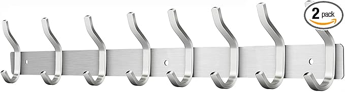 Wall Hooks Heavy Duty, 23 Inch Coat Rack Wall Mount with 8 Hooks, Silver Wall Hooks for Hanging Backpack, Bag, Purse, Clothes, Hat, Coat, Towel | Entryway & Bathroom Storage Organization Hanger
