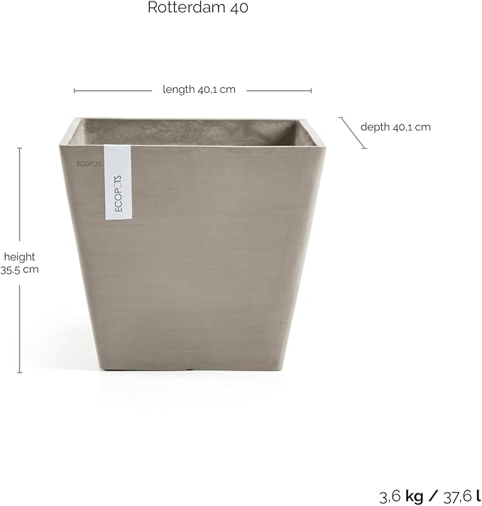 Ecopots Rotterdam Durable Modern Square Indoor/Outdoor Recycled-Based Composite Flower Planter, Taupe, 15.75"