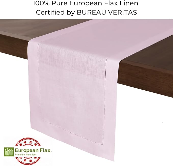 D'Moksha Homes Linen Pastel Pink Table Runner 60 Inches - Classic Hemstitch, 100% Pure Linen Coffee Table Runner 14 x 60 Inch Ideal for Dresser Tables - Fall, Autumn and Halloween
