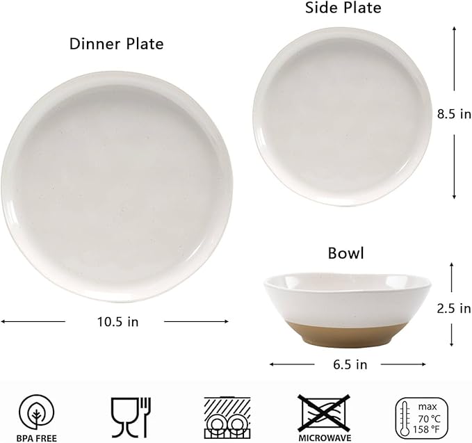 FINE&NICE Melamine Dinnerware Sets of 12 Pcs, Unbreakable Plates and Bowls Set for 4, Dinner Dishes Set for for Patio, RV and Camping, Dishwasher Safe (White with Brown)