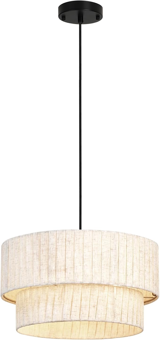 16 Inch Modern Farmhouse Chandelier – Layered Linen Strips Hanging Pendant Light, Dimmable Rustic Lighting Fixture for Dining Room, Kitchen Island, Living Room, Entryway, Foyer