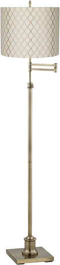 360 Lighting Westbury Swing Arm Floor Lamp Adjustable Height Standing 70" Tall Antique Brass Off White Embroidered Hourglass Fabric Drum Shade Decor for Living Room Reading House Bedroom