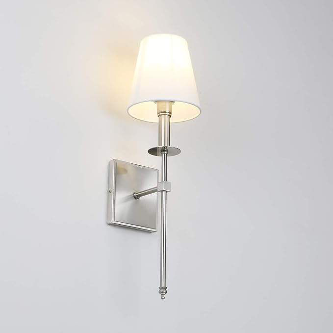 PERMO Single Classic Rustic Industrial Wall Sconce Hardwired Lighting Fixture with Flared White Textile Lamp Shade and Brushed Nickel Tapered Column Stand,Hardwired E26 Base