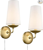 Modern Gold Wall Sconces Set of Two Linen Shade Plug in or Hardwire Wall Light Fixture for Bedroom, Living Room, Dining Room, Entryway