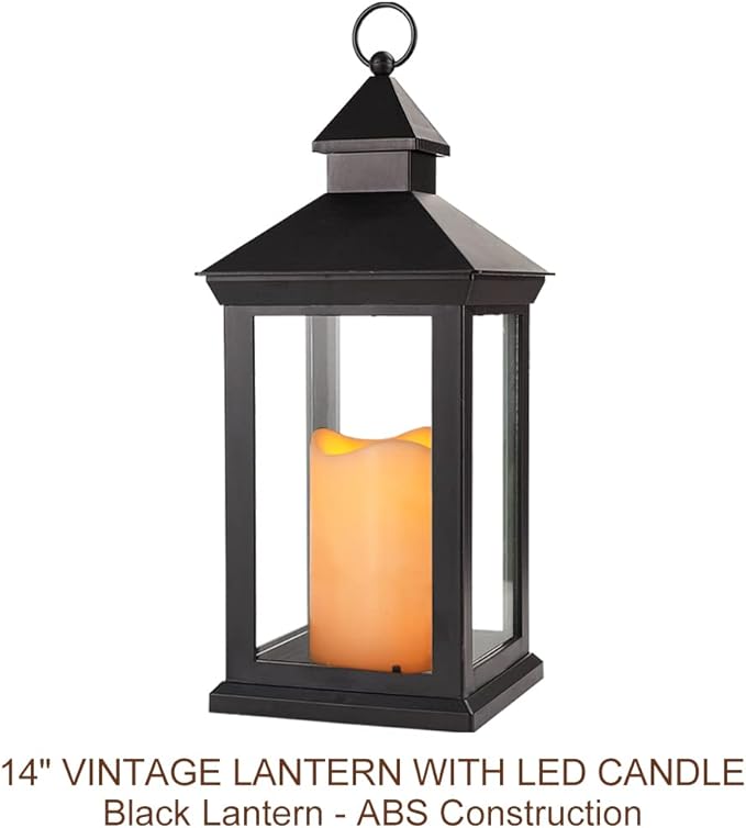 Bright Zeal 2-Pack 14" Decorative Candle Lantern Black Outdoor Lanterns with Timer Candles - IP44 Waterproof Vintage Lanterns Battery Powered LED Decorative for Wedding - Warm White Hanging Wall