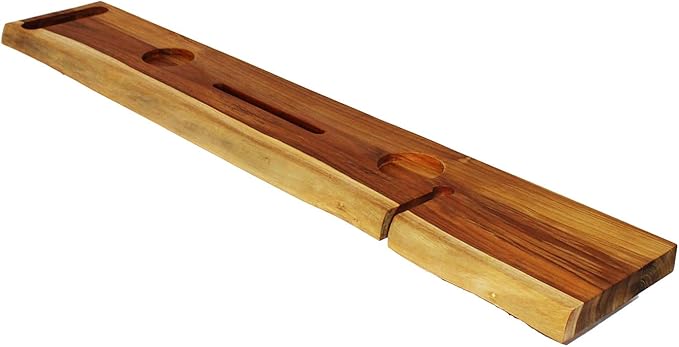 EcoDecors Eleganto 50" Live Edge Solid Teak Bath Caddy Tray with Handle, Book & Tablet Holder, Wine Glass Holders, Luxury Bathtub Tray