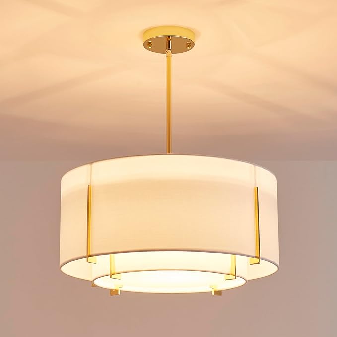 Shrine Lighting Chandeliers, Modern Design, Drum Pendant Light for Dining Room, White Lampshade & Black Finish Frame